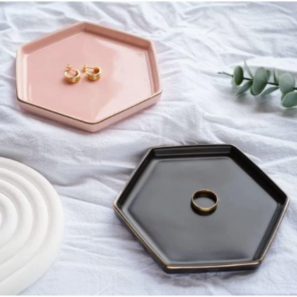 Hexagonal Ceramic Jewelry Tray - Small Rings & Earrings Dish - Key Tray (Black)